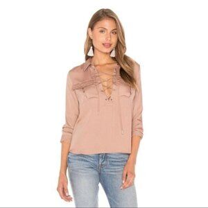 REVOLVE Women's Blouse Camel Brown XS Lace Up Tie Satin Business casual Office